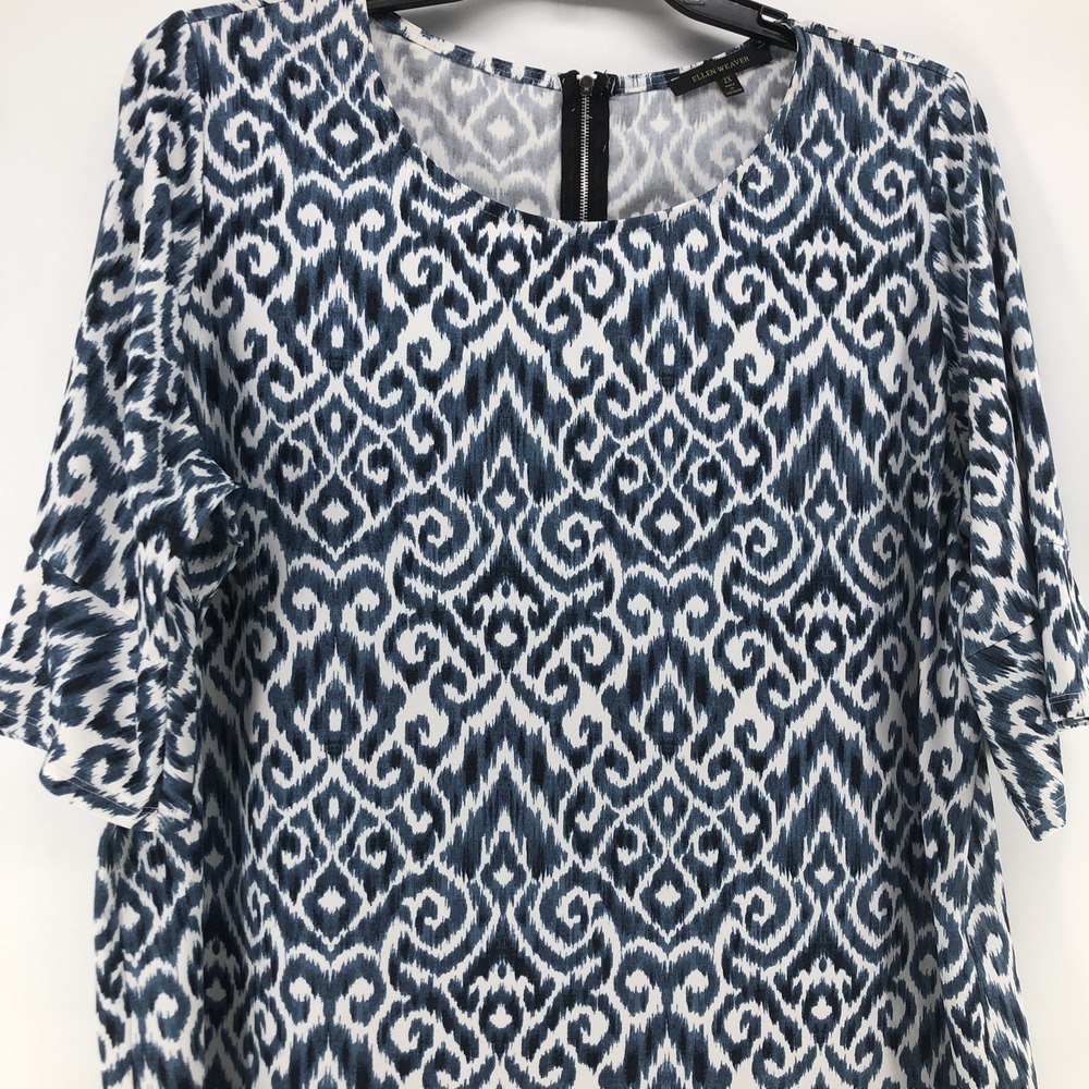 Women's 2X Ellen Weaver Blue Black & White Print Elbow Bell Sleeve Stretch Work